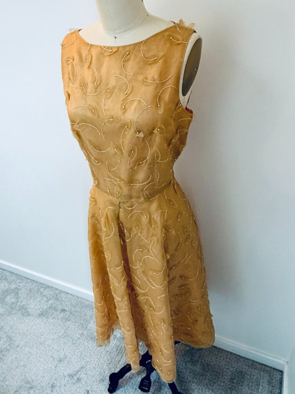 Talbots Silk Tan Organza Fit & Flare Midi Dress with applique and bead detail- 8